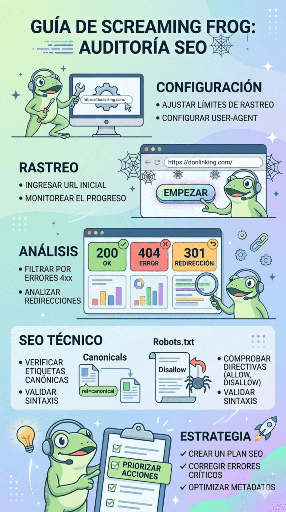 Infografía en español sobre Screaming Frog que muestra los pasos de configuración, rastreo, análisis de códigos de respuesta (200, 404, 301) y estrategia de optimización SEO.