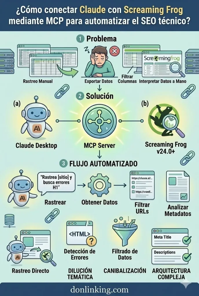 Infografía vertical que explica cómo automatizar el SEO técnico conectando Claude Desktop y Screaming Frog v24.0+ mediante un servidor MCP, eliminando el filtrado manual de datos.