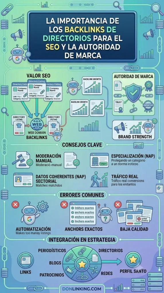 Infografía vertical sobre el valor de los directorios web, consistencia NAP, errores de automatización y su integración en el perfil de enlaces para SEO.