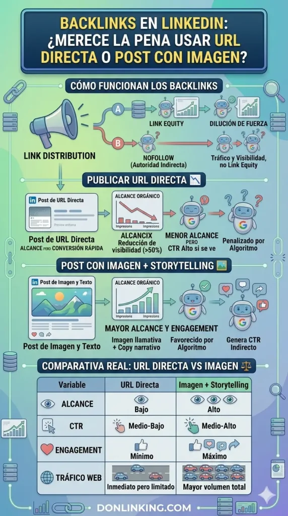 Infografía vertical que compara el rendimiento de los backlinks en LinkedIn, mostrando la penalización de alcance de la URL directa frente al mayor engagement del formato de imagen con storytelling