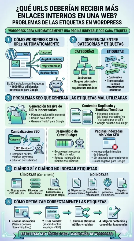 Infografía sobre estrategia de enlazado interno SEO que detalla cómo Google interpreta los enlaces, qué URLs deben priorizarse (servicios, categorías y páginas en el umbral de posición 5-15) y qué páginas evitar enlazar para no disipar la autoridad, con diseño profesional en tonos azules y verdes.