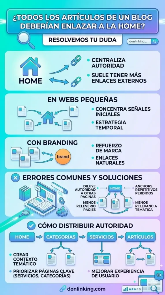 Infografía vertical sobre la distribución de autoridad y errores comunes al enlazar artículos de blog hacia la página de inicio.