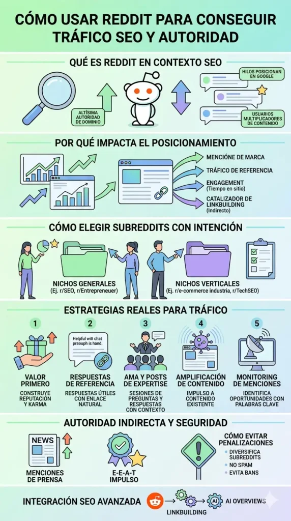 desglosa el impacto de Reddit en el posicionamiento web, detallando la selección de subreddits por nichos, tácticas de crecimiento de karma, señales E-E-A-T y su integración en AI Overviews de Google.