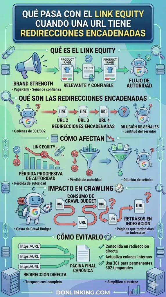 Infografía vertical que detalla el impacto de las redirecciones encadenadas en el flujo de link equity, la dilución de señales, el consumo de crawl budget y cómo solucionarlo con redirecciones directas