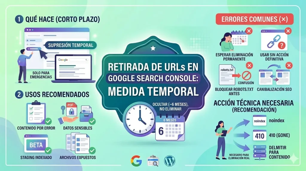 Infografía sobre retirada temporal de URLs en Google Search Console: usos recomendados, errores comunes y acciones técnicas como noindex y 410.