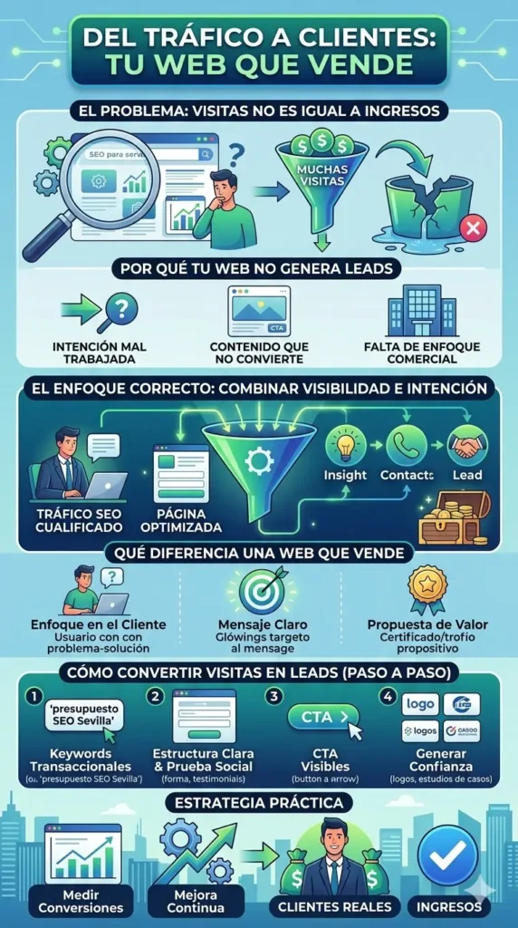 Infografía vertical detallada que muestra el flujo de SEO para servicios, desde la atracción de tráfico cualificado hasta la conversión en leads y clientes finales, detallando estrategias de contenido, confianza y medición en tonos verdes y azules.