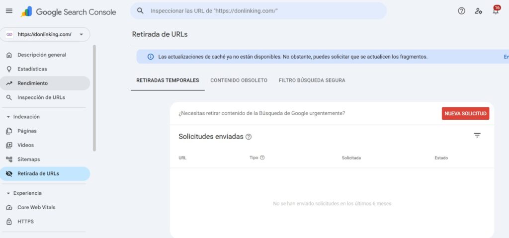 Captura de pantalla del panel de Retirada de URLs en Google Search Console mostrando la opción de Nueva Solicitud.