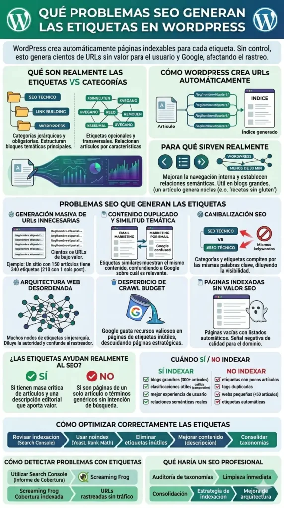 Infografía sobre problemas SEO de las etiquetas en WordPress, incluyendo canibalización, contenido duplicado y estrategias de indexación.
