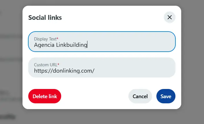 Ventana emergente de Social links en Reddit donde se configura un enlace personalizado con el texto de anclaje Agencia Linkbuilding redirigiendo a la URL de donlinking.com.