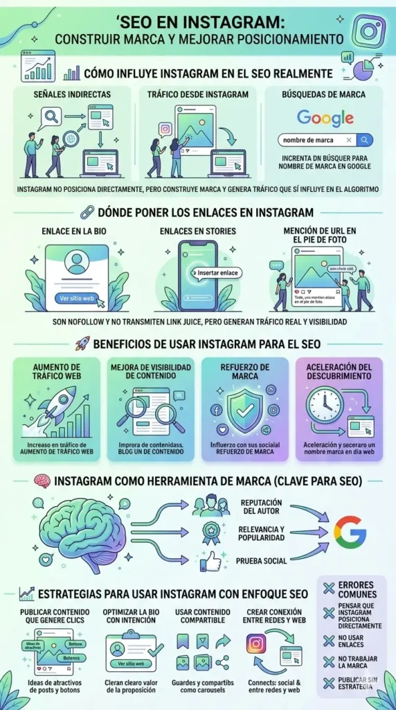 Infografía vertical sobre SEO en Instagram: explica cómo las señales indirectas, el tráfico web y las búsquedas de marca influyen en el posicionamiento en Google. Incluye secciones sobre enlaces en bio y stories, beneficios para la marca y errores comunes.