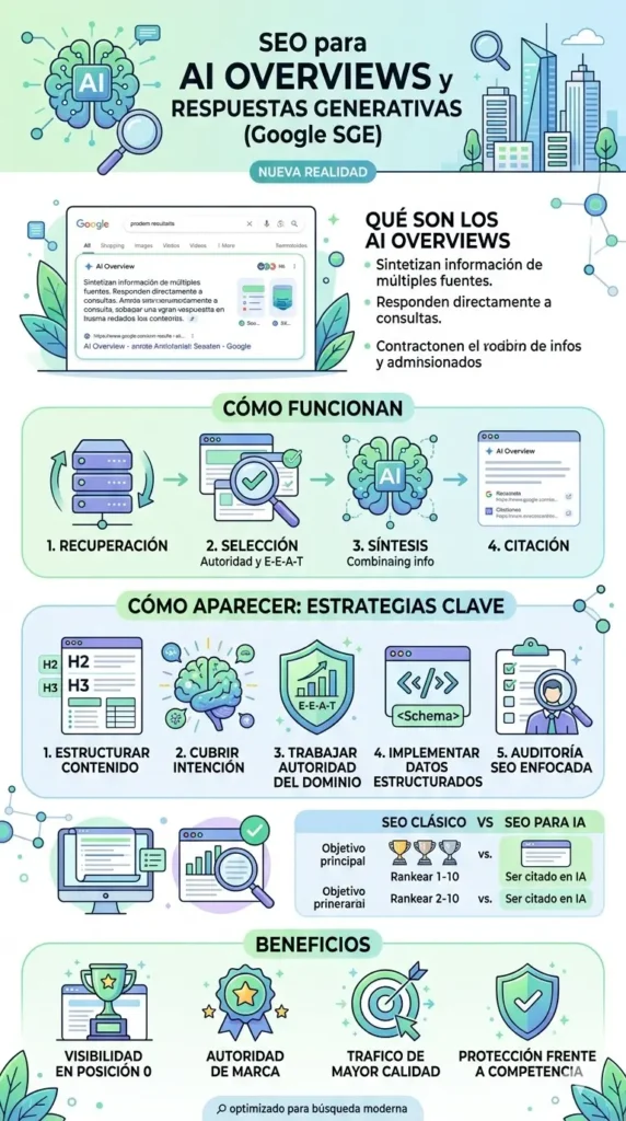 Infografía vertical en tonos verdes, azules y morados que explica el funcionamiento de los AI Overviews de Google.. Muestra el proceso de recuperación, selección y síntesis de la IA, junto con estrategias clave como el uso de datos estructurados, autoridad de dominio y E-E-A-T para aparecer en los resultados generativos.