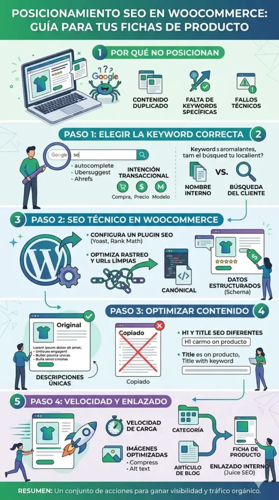 Guía visual paso a paso para el posicionamiento de tiendas online, que abarca desde la investigación de palabras clave transaccionales y la configuración técnica de WordPress hasta la optimización de descripciones, velocidad de carga y enlazado interno.