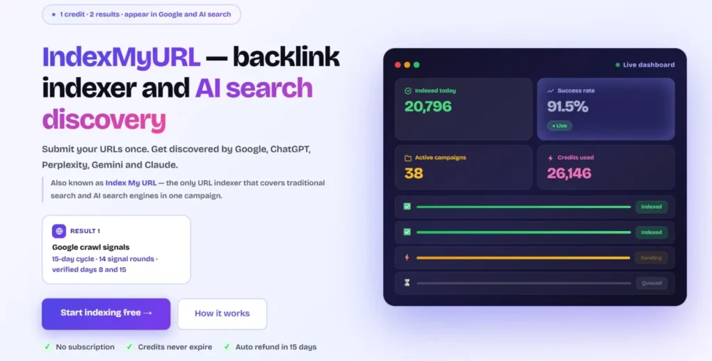 Panel de IndexMyURL mostrando campañas activas, tasa de indexación real y cobertura de motores de IA incluyendo Claude AI y Gemini.
